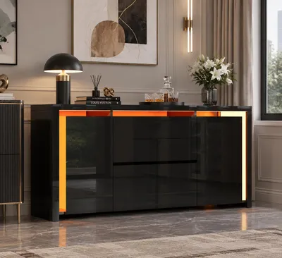 Produktbild von INONEFT Hochglanz-Sideboard 160 x 35 x 75 cm, Multifunktionaler Schrank mit LED-Beleuchtung und 2 Schubladen, Geräumiges Staufach mit 4 Türen, Schwarz