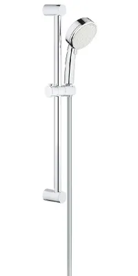 A chrome shower head and rail set against a white background.