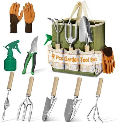 Immagine prodotto di Set completo di attrezzi da giardino Unyqoos®, con borsa per il trasporto e la conservazione, utensili in acciaio inossidabile, manici in legno antiscivolo e pala con indicatore di profondità