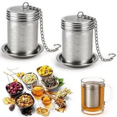 Produktbild von Ibenzoa® Teesieb-Set (2 Stück) – feinmaschige Infuser aus Edelstahl 304, Ø 3,5 × H 5,5 cm, Kette 12 cm, Tropfschale Ø 5,5 cm, spülmaschinenfest, für losen Tee & Kräuter
