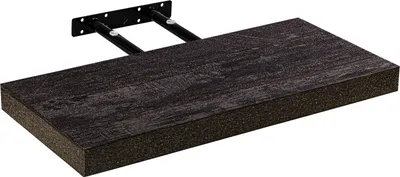 A dark wood-effect floating shelf mounted on black brackets against a white background.