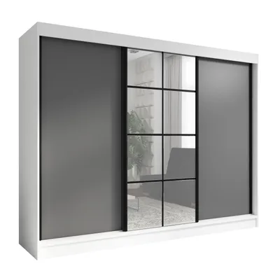 Produktbild von Oravelle 200 cm Weiß / Graphit 3-türiger Kleiderschrank mit Spiegel, 4 Schubladen und Kleiderstangen – Funktionalität und Eleganz!