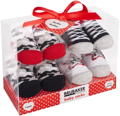 Produktbild von Brubaker 4 Paar Babysocken Jungen Mädchen 0-12 Monate - Baby Geschenkset für Neugeborene in Geschenkverpackung mit Schleife - Weihnachtssocken, Sneakersocken, Tiersocken und niedliche Socken Motive