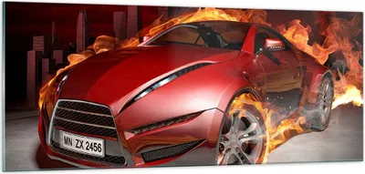 Produktbild von Bilder auf glas - Auto Flammen Rot - 100x40cm - Glasbilder - Wandbilder - Kunstdruck - zum Aufhängen bereit - Wanddekoration aus Glas - Glas Bilder - Wandbild auf Glas - Einteilig - GAB100x40-0200