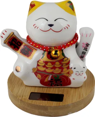 Produktbild von Glückskatze Keramik 10cm weiß Modell 05 Bambussockel Solar Maneki-neko Winkekatze Lucky cat