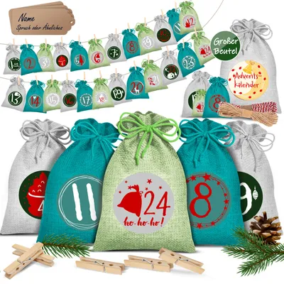 Produktbild von KESSER® Adventskalender zum Befüllen 24 Jutebeutel Gedruckte Stoffbeutel Kinder Weihnachtskalender zum Selber Befüllen Inkl.. 24x Schildchen + 1 Großer Aufbewahrungsbeutel Stoff