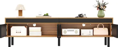 Produktbild von TV-Schrank aus Holz und Schwarz, Niedriger TV-Schrank mit 4 Türen, Flur und Schlafzimmer, 170 x 38 x 47.7 cm