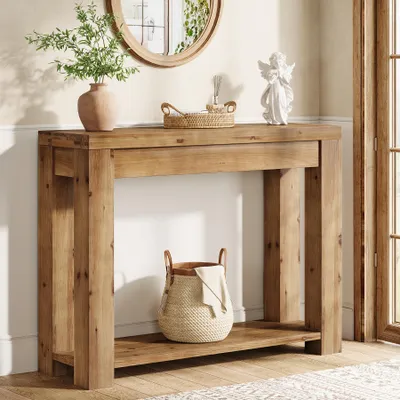 Zdjęcie produktu dla Stolik konsolowy Tribesigns z litego drewna, 110 x 35 x 85 cm; stolik pod kanapę, wąski stolik konsolowy z 2 półkami, stolik do przedpokoju, salonu lub sypialni
