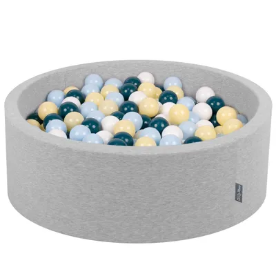 Obrázok produktu pre KiddyMoon Guličkový bazén 90x30cm/300 guličiek ∅ 7 cm guličkový bazén s farebnými guličkami pre bábätká, okrúhly, svetlo sivá:tmavá tyrkysová/pastelová modrá/pastelová žltá/biela