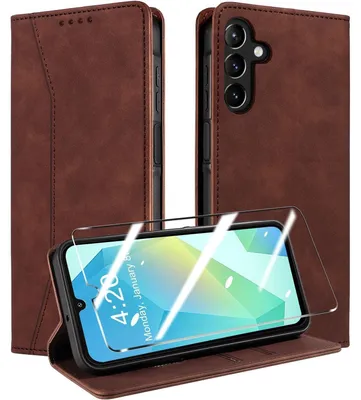 Immagine prodotto di Custodia a libro per Samsung Galaxy A16 4G/A16 5G/A26 5G, realizzata in pelle, con vetro temperato, protezione RFID e design a tema caffè