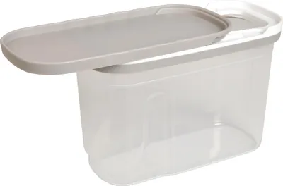 A clear, studio shot of a transparent plastic storage container with a gray lid.