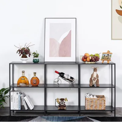 Zdjęcie produktu dla Stół konsolowy metalowy, 3 półki, wąski, 160x30x80 cm, czarny