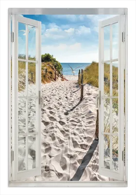 Produktbild von Wallario Wandbild mit Fenster-Illusion: Möwen auf dem Weg zum Strand, Größe: 61 x 91,5 cm, Poster mit rahmenlosen Bildhalter
