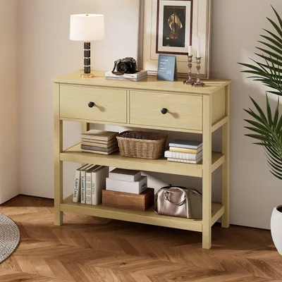 Zdjęcie produktu dla Fortuna Lai Stolik konsolowy w stylu retro, wąski stolik konsolowy z drewna, stolik konsolowy z szufladami i otwartymi półkami do przedpokoju, wejścia i salonu, naturalny