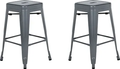 Two gray metal bar stools are shown against a white background.