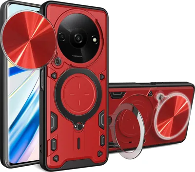 Produktbild von Handyhülle für Xiaomi Redmi A3 Dual-Layer Stoßfest Rüstung Hülle mit Dia Kameraschutz und Kreisförmig Ring Ständer Rot