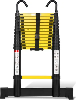 Image de Jayseuw Escabeau télescopique professionnel 3,8M noir Aluminium Capacité de charge 150kg Escabeau polyvalent pieds en caoutchouc antidérapants avec stabilisateur et crochets amovibles