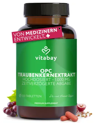 Produktbild von OPC Traubenkernextrakt 1000 mg – 120 vegane Tabletten – Time Released – 95% OPC Hochdosiert – Kaltwasser-Extraktion – Polyphenole aus Traubenkernen – Labor – 2 Monate Vorrat