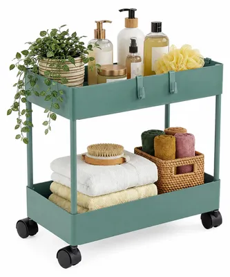 Immagine prodotto di Carrello Relaxdays, 2 ripiani, carrello da servizio, carrello da cucina, per bagno e ufficio, scaffale su ruote, L x P x A 38 x 39,5 x 21,5 cm, carrello per il bricolage, verde