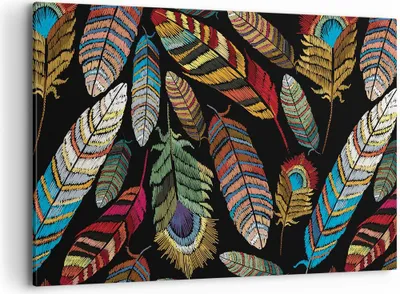 Produktbild von Bild auf Leinwand - Leinwandbild - Einteilig - Federn Bunt Stickerei - 100x70cm - Wand Bild - Wanddeko - Wandbilder - Leinwanddruck - Bilder - Wanddekoration - Leinwand bilder - AA100x70-4464
