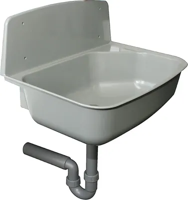 A gray sink with a drain pipe attached, shown against a white background.