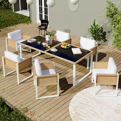 Produktbild von Garten-Essgruppe aus Polyrattan für 6 Personen, Esstisch- und Stuhlset mit Sesseln, abnehmbare waschbare Bezüge, komfortabel und pflegeleicht