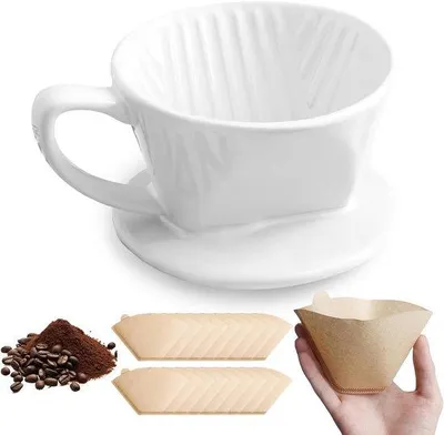 Zdjęcie produktu dla Porcelanowy zaparzacz do kawy z 50 filtrami papierowymi na 4 filiżanki kawy – zestaw upominkowy dla przyjaciół i rodziny