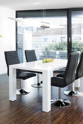 Produktbild von SalesFever Essgruppe 5-tlg. | 160 x 90 cm | 1x Tisch Hochglanz | 4x Drehstuhl Kunstleder + Gestell Metall | weiß-schwarz-chrom