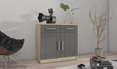 Produktbild von Kommode PARIS 2D2S Highboard mit 2 Schubladen mit 2 Türen Sideboard Schrank Wohnzimmer Graphit/Sonoma