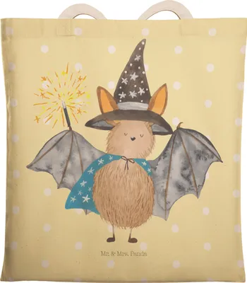 Produktbild von Mr. & Mrs. Panda shopping bag Fledermaus Zauberer - Gelb Pastell - Geschenk, Frauen, Fledermäuse, Reinsteigern, Beutel, Tote, Tasche, Einkaufstasche, Lustige Sprüche