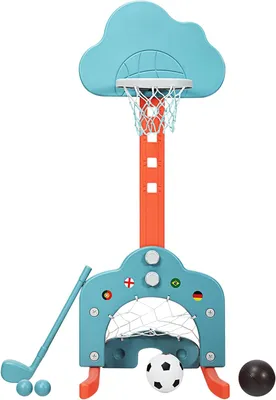 Produktbild von GOPLUS 3-in-1 Kinder Spielplatz, Basketballkorb & Fußballtor & Golfspiel, Höhenverstellbarer Basketballständer, inkl. Basketball, Fußball & Golfball, Junge (Wolke, grün)