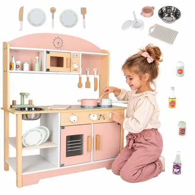 Produktbild von Holzspielküche für Kinder, MDF, modernes klassisches Design, mit Zubehör, 81 cm hoch, rosa