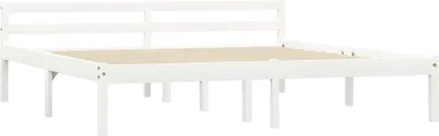 A white wooden bed frame with a slatted base, shown from a side angle against a white background.