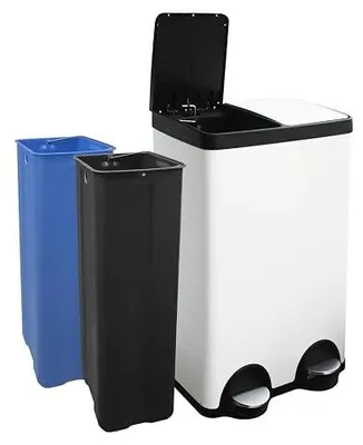 Imagen del producto de Cubo de basura de 60 litros, cubo de basura con 2 compartimentos de 30 litros cada uno, sistema de separación de residuos, color blanco