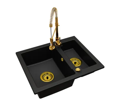 Produktbild von Granit-Küchenspüle YOGI 1,5 Becken mit Küchenarmatur Gold und Siphon Gold