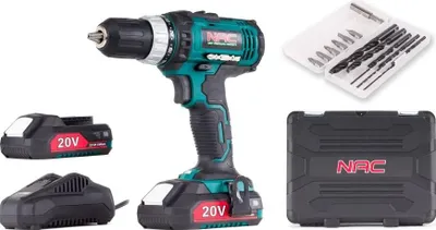 A cordless drill with accessories, including batteries, a charger, and a bit set, displayed against a white background.