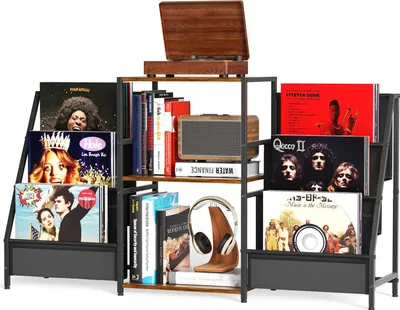 Immagine prodotto di Tavolino per giradischi - Scaffale per vinili - 3 ripiani - Porta dischi in vinile - Tavolino di supporto - Struttura in metallo - 123x30x73 cm