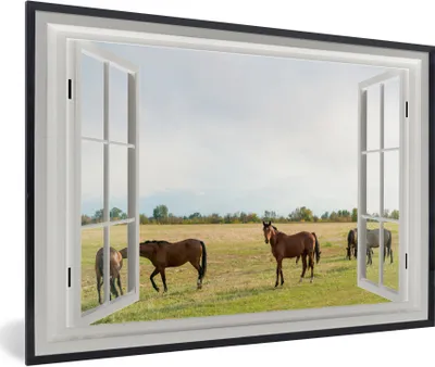 Produktbild von MuchoWow® MuchoWow® Gerahmtes Poster Aussicht - Pferde - Gras 90x60 cm - Poster mit zchwarzem Bilderrahmen - Fotorahmen - Foto-Plakat