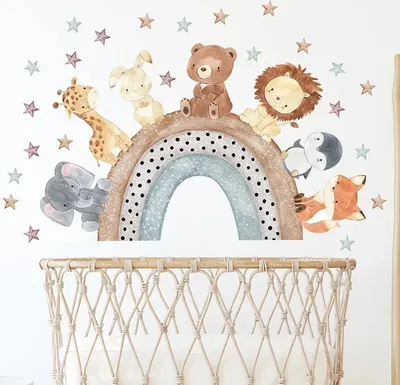Produktbild von Wandtattoo mit Waldtieren,Wandsticker für  Kinderzimmer,Elefant,Giraffe,Bär,Löwe,Sterne auf Regenbogen