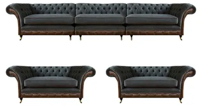 Zdjęcie produktu dla Szaro-brązowe sofy Chesterfield Designerski fotel Tapicerowana kanapa Szlachetne meble