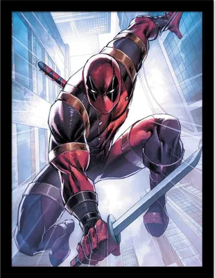 Obrázek produktu pro Deadpool - zarámovaný plakát, akční póza PM8818 (40 cm x 30 cm) (červená/světle modrá)