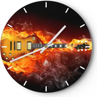 Produktbild von Wanduhr - Rund - Glasuhr - Feuer Gitarre Instrument - 40x40cm - Schleichendes Uhrwerk - Lautlos - zum Aufhängen bereit - Dekoration Modern - Wanddekoration aus Glas - C3AR40x40-0197