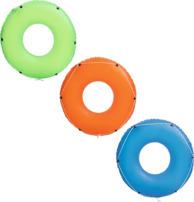 Three inflatable swimming rings in different colors arranged diagonally on a white background.