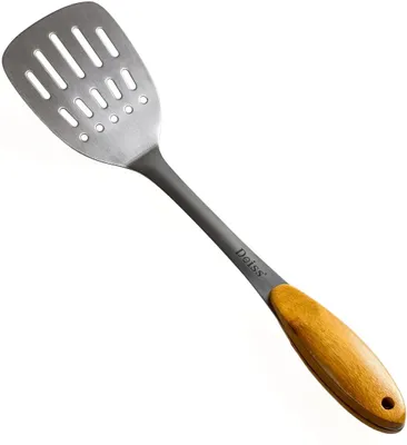 Produktbild von Deiss PRO Edelstahl Pfannenwender mit Holzgriff - Geschlitzte Grill Wender - ideal zum Grillen, Schaben, das Fleisch drehen, das Mischen von Rührei, Burger umdrehen - Komfortable Bambusgriff