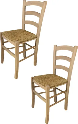 Two wooden chairs with woven seats are shown against a white background.