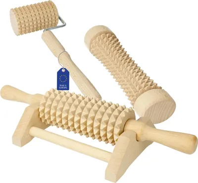 Produktbild von 3 tlg. Massageroller Set Holz Naturbelassen für Rücken Nacken Oberschenkel Hände Füße Massage Roller mit Griff für Körper Muskelentspannung Wellness