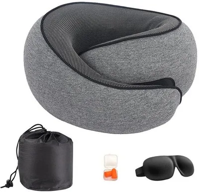 Imagen del producto de Unyqoos® Almohada ergonómica de espuma viscoelástica para el cuello, con soporte de 360°, funda de terciopelo lavable, comprimible hasta en un 60%, incluye bolsa de transporte, antifaz 3D y tapones para los oídos