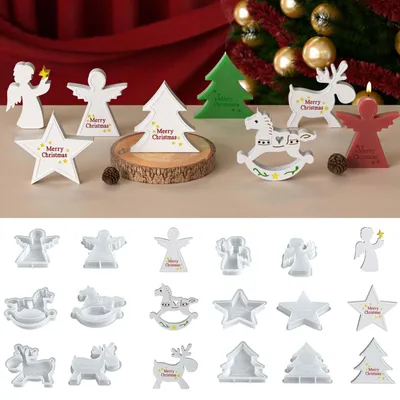 Produktbild von 6 Silikon-Weihnachtsformen, Gussformen für Sterne, Engel, Rentiere, Weihnachtsbaum und Kerzenhalter.