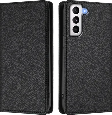 Produktbild von Litchi Leder Handyhülle für Samsung Galaxy S21+ 5G Wallet Kartenfächer Standfunktion Hülle Schwarz