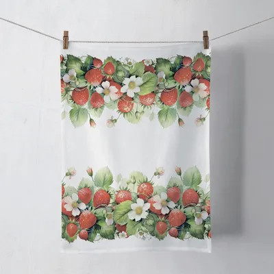 Produktbild von Küchentuch Baumwolle 50x70cm mit Erdbeerblüten Motiv Weiß / Rot